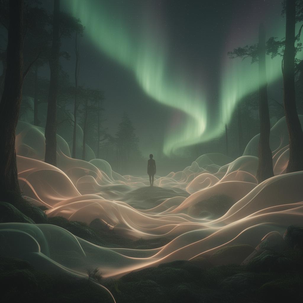 A solitary figure beneath aurora light in a soft, biomorphic emotional landscape