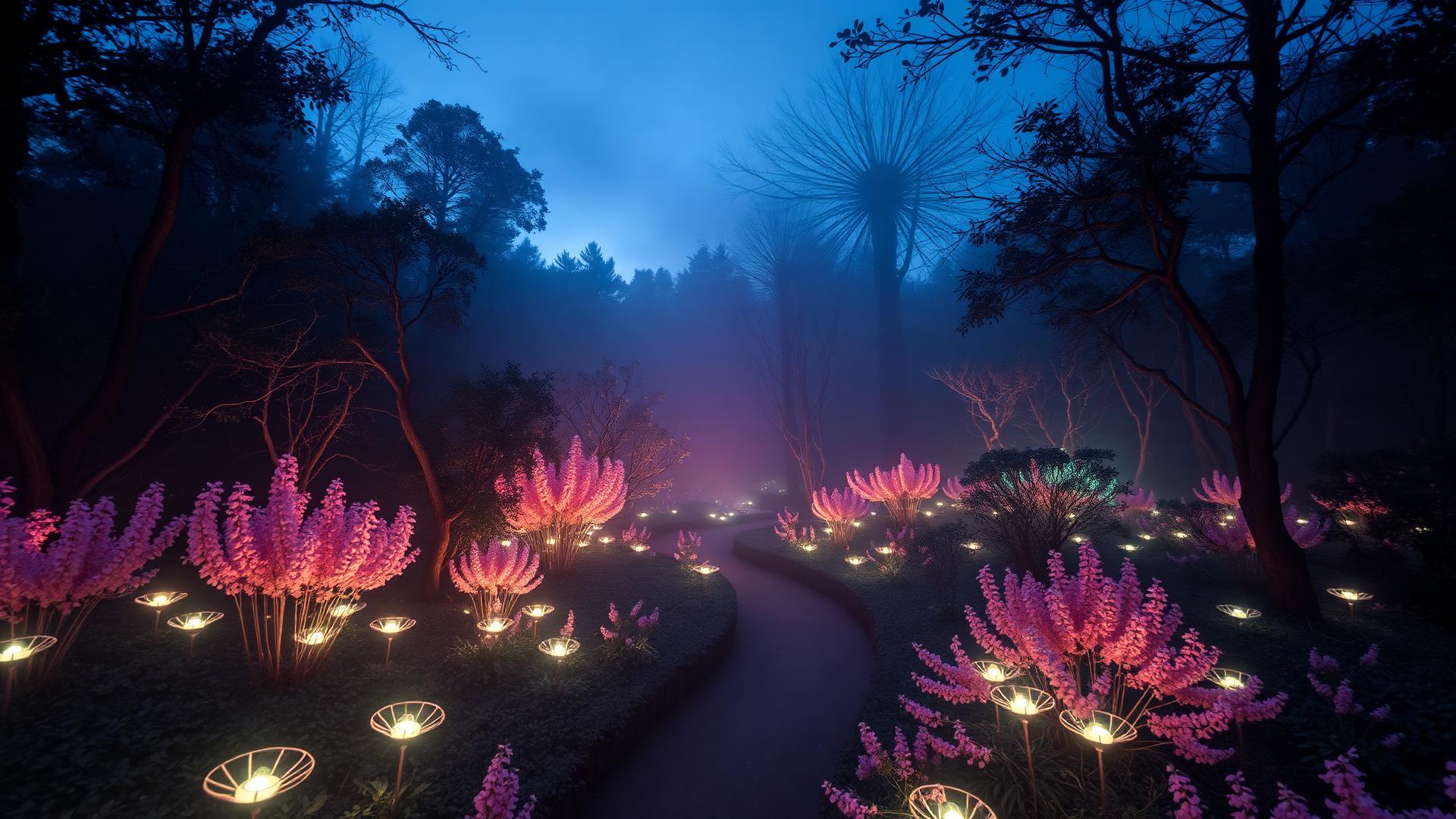 Ethereal bioluminescent garden at dusk with glowing flora