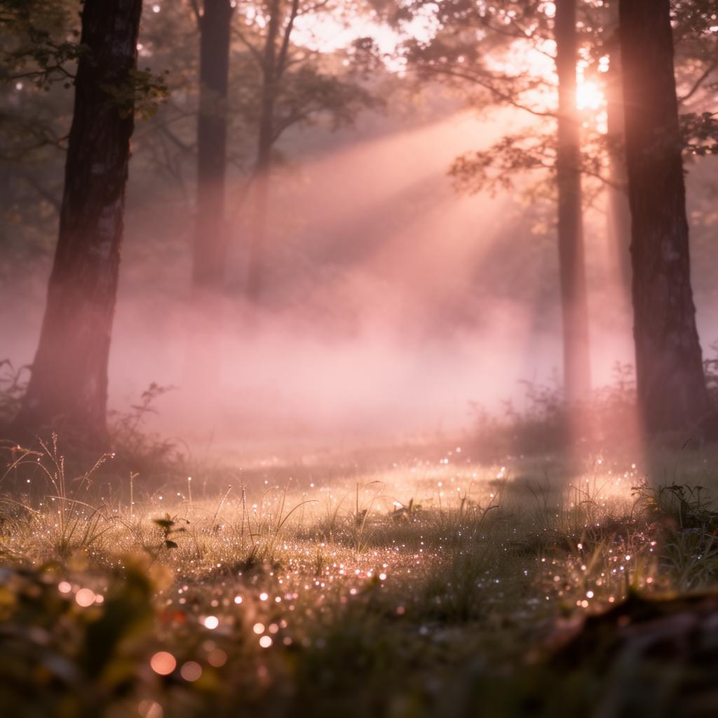 Soft morning mist drifting through a golden forest clearing